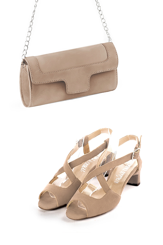 Dress clutch for wedding and parties in tan beige leather - Worn view